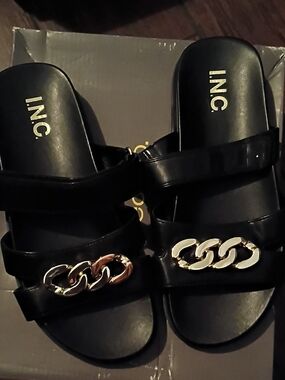 INC International Concepts Black Slide Sandals with Gold Chain Accent